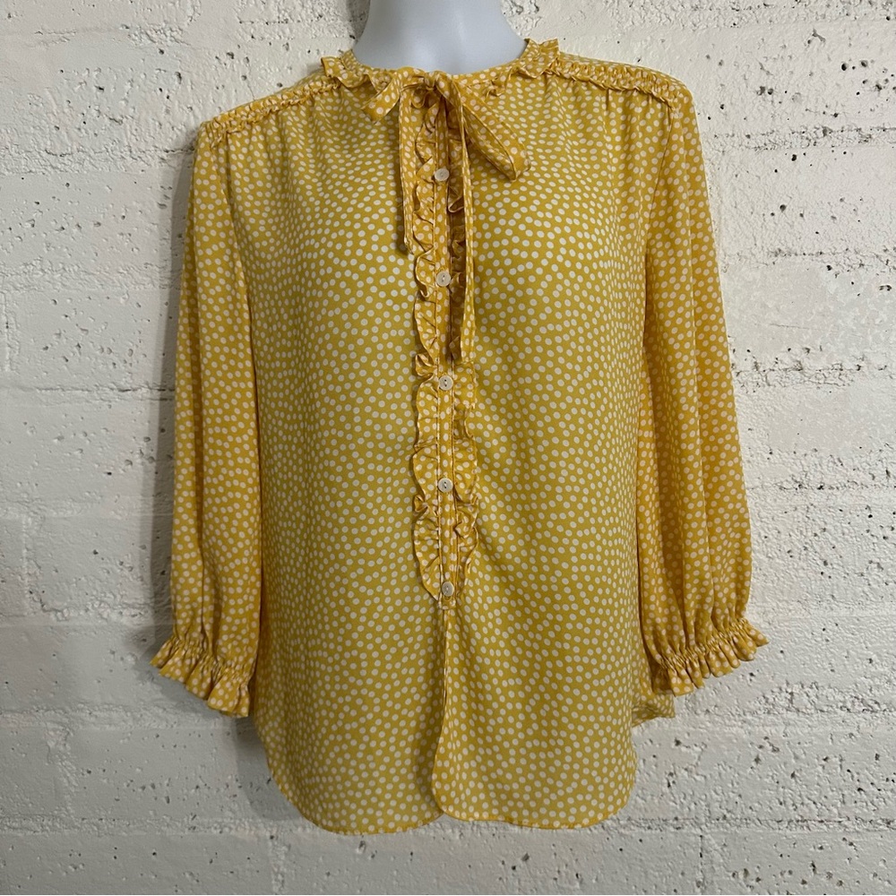Max Edition Womens Top S Yellow Polka Dot 3/4 Sleeve Button Front Blouse AF17